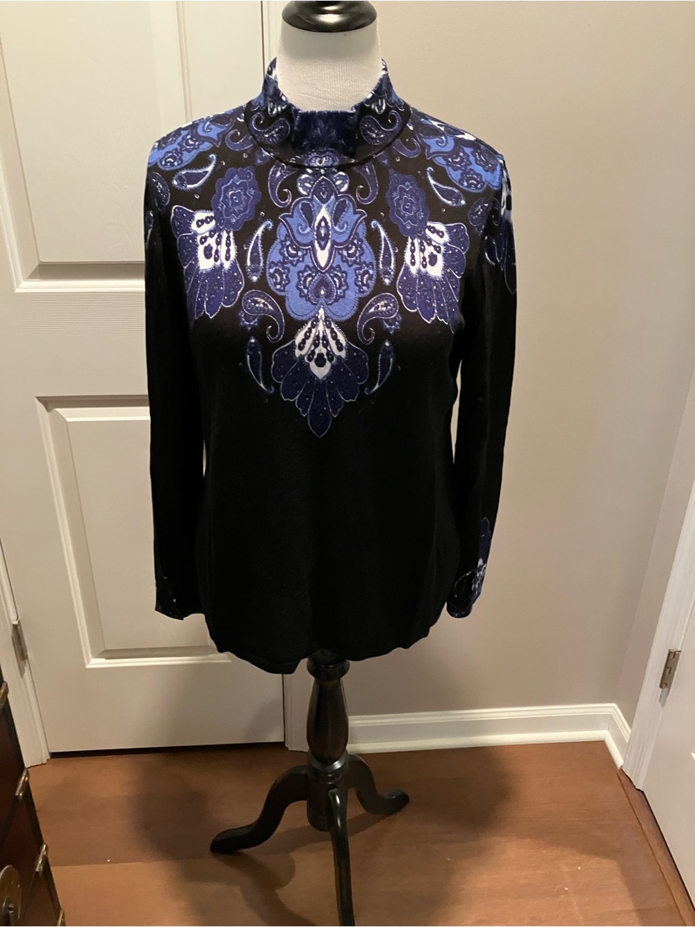 Chico's Black Long-Sleeve Top with Blue Paisley Yoke